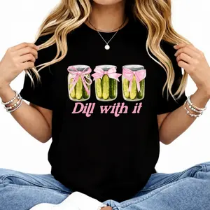 Dill With It Funny Pickle T-Shirt, Sarcastic Punny Shirt for Women  Oversized Comfort Cotton Graphic Tee, Trendy Baggy Breathable Top