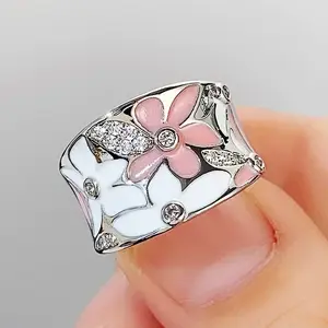 2025 Women's Wedding Party Beautiful Enamel Flower Ring New Silver European and American Style Luxury Zircon Jewelry Gift