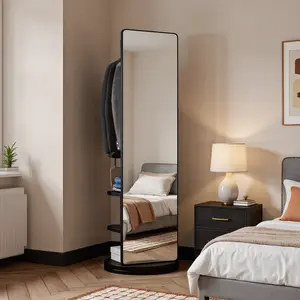 360° rotating, multifunctional, full-length mirror with hook, storage rack, coat rack, with mirror, solid wood floor mirror, bedroom, living room, cloakroom, space saving,