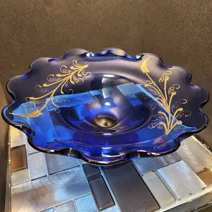 Hand Blown  Antique Bihima Electric Blue Consol Bowl With Gold Accent
