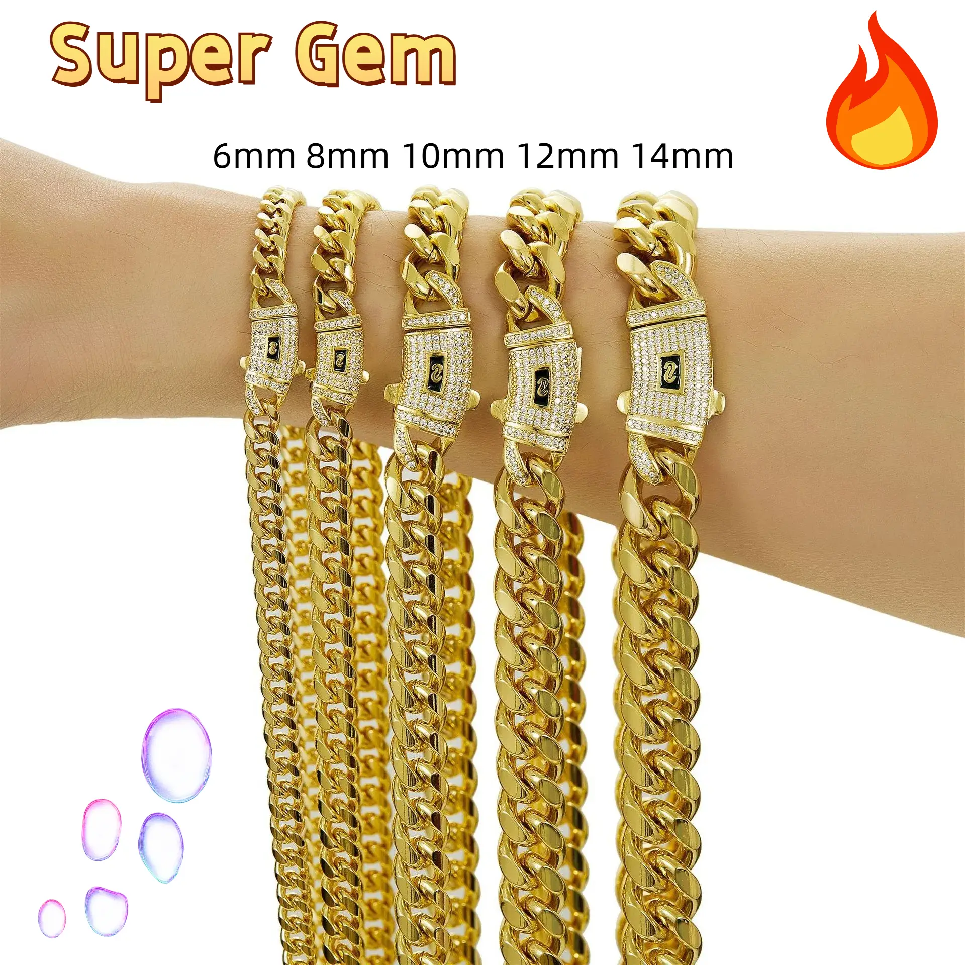 Golden Cuban Chain Necklace for Men, New Curved Ears, Zircon Buckle, 16/18/20/22/24/30 Inch Chain, Black Gift Box