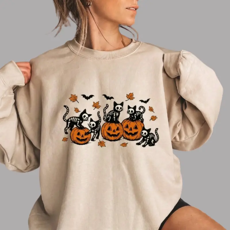 Black Cat Pumpkin Sweatshirt, Halloween Spooky Season Vintage Autumn Sweatshirt, Retro Skeleton Cat Pullover, Cozy Fall Graphic Sweatshirt for Cat Lovers
