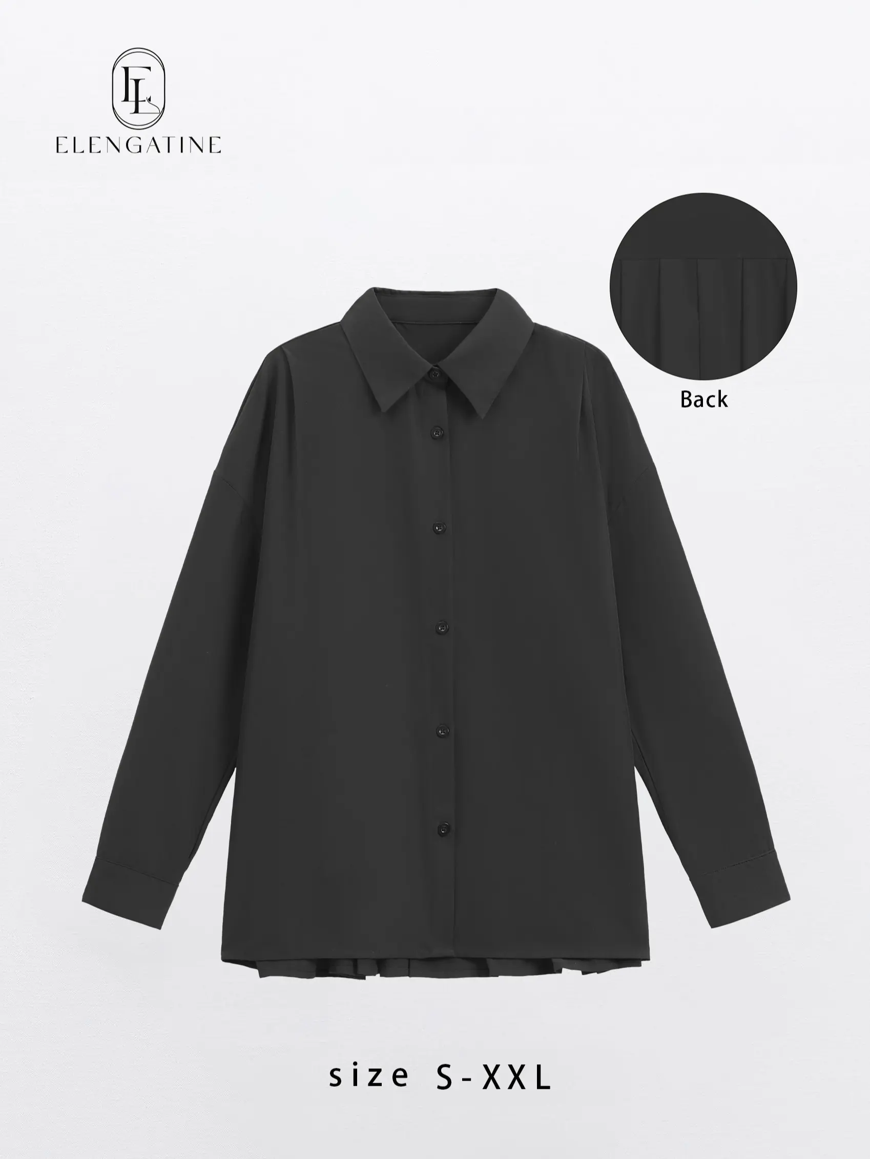 EL ELENGATINE Women's Elevated Basics Satin Blouse, Oversized Long Sleeve Button-Down with Pleated Back, Stretch Polyester for Office & Layering Outfits, Office Wear, Stretchy, Drape