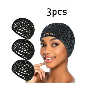 1 set Women's 3-Piece Hair Net Set - Sleep Cap, Bonnets for Sleeping, Neck Gaiter & Wig Liner, Black Mesh Crochet Design for Ballet, Chef Bun & Long Hair Styling