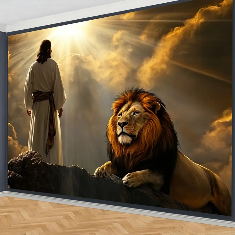 1pc Jesus and Majestic Lion Religious Wall Hanging Tapestry - Premium Polyester Fabric, No Electricity Needed, Radiant Visual Effect, Detailed Indoor Spiritual Home Decor, Event Backdrop for Christmas, Easter, Indoors