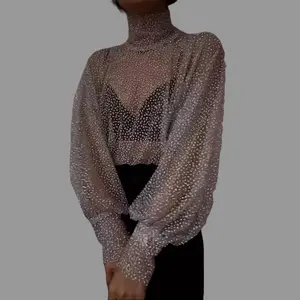 Women's Sequin Base Layer Top 2026: High Neck Mesh Glitter Pullover - Sparkly Long Sleeve Cami for Party & Concert