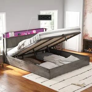 VanAcc Lift Up Bed Frame with Storage Headboard, Linen Upholstered Platform Bed Frame with Charging Station and LED Light, Metal Bedframe, No Box Spring Needed