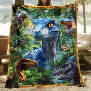 1pc Dinosaur-Themed Flannel Throw Blanket - Lightweight, Soft, Warm Polyester Fabric with Vibrant Jurassic Print for Sofa, Camping, Living Room, Office, Chair, and Bed - All-Season Use, Warmth Enhancement |   Dinosaur Print |   Lightweight Throw
