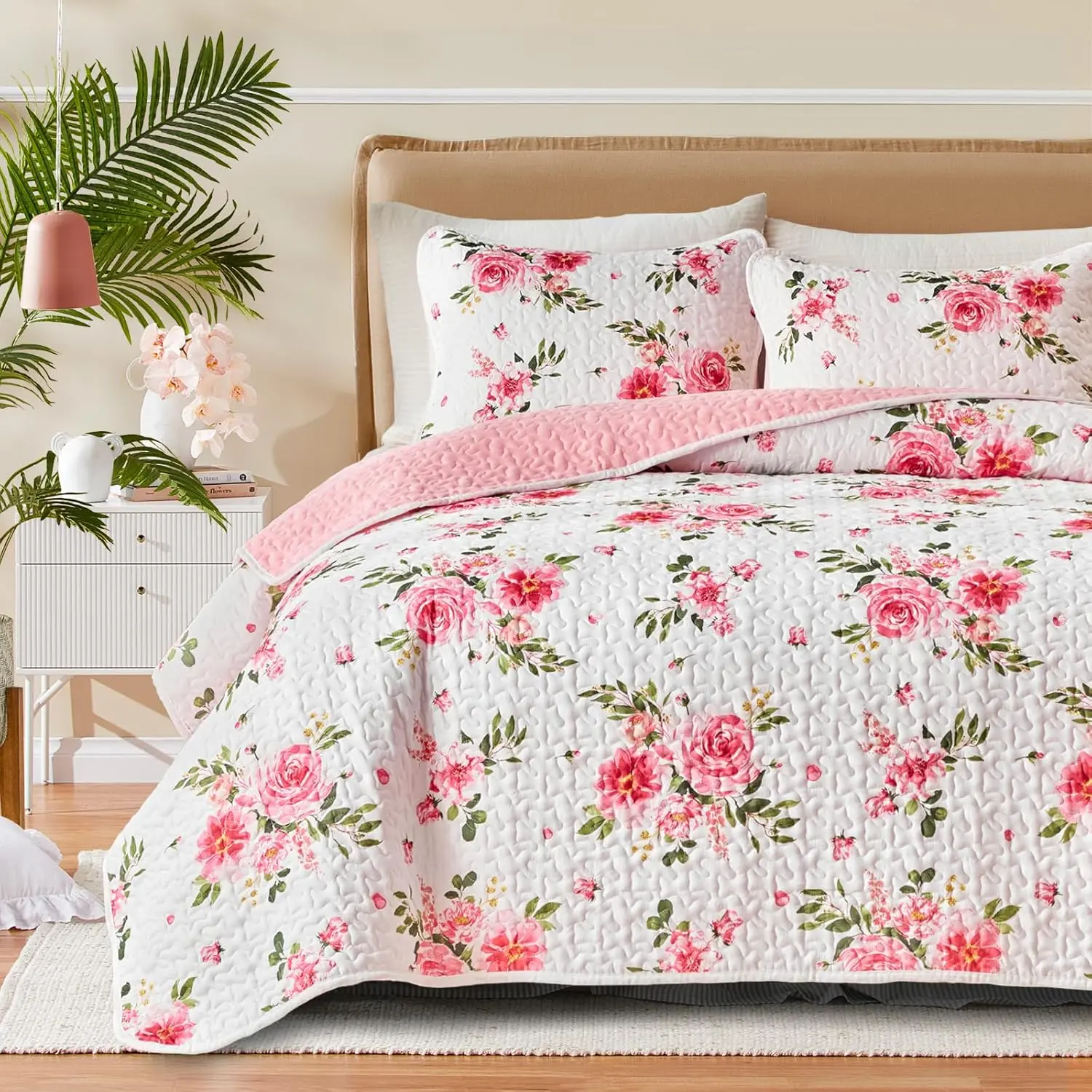 3-Piece All-Seasons Synthetic Bedspreads Coverlets Quilt Bedding Set (88x88in Quilt + 2 Pillow Shams) - Breathable, Soft, Lightweight, Durable Reversible Microfibre Floral Coverlet for Summer