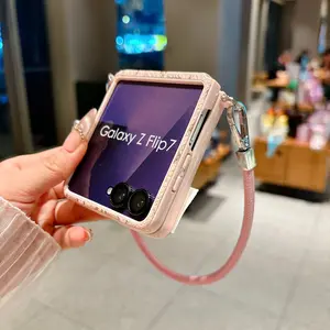 Women's Phone Case with Border and Cute Strap, Foldable Shell Compatible with Samsung Galaxy Z Flip7/6/5, Protective Cover