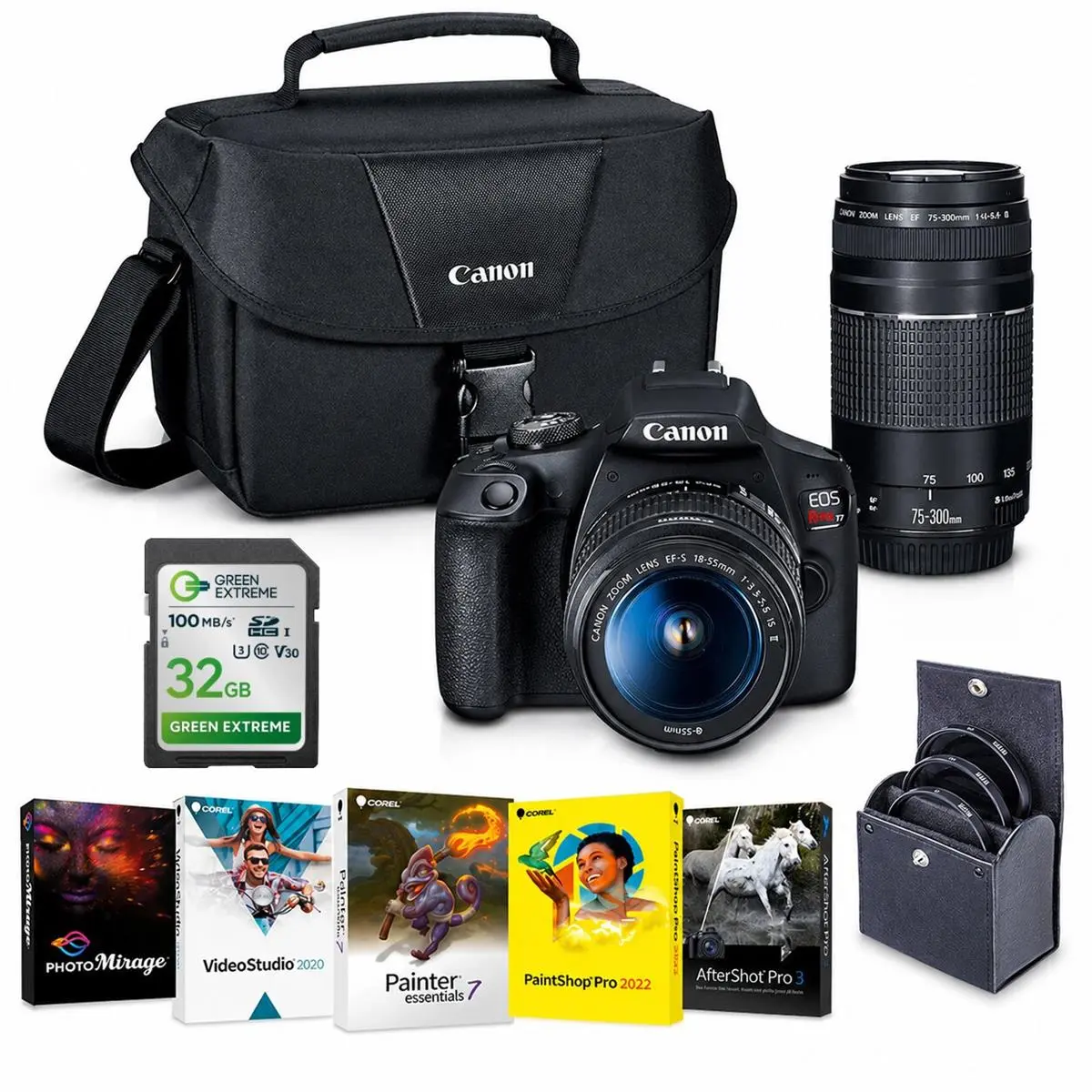Canon EOS Rebel T7 24.1MP DSLR Camera with EF-S 18-55mm f/3.5-5.6 IS II Lens and EF 75-300mm f/4-5.6 III Lens - Bundle with 32GB SDHC Card, 58mm Filter Kit, PC Software Kit
