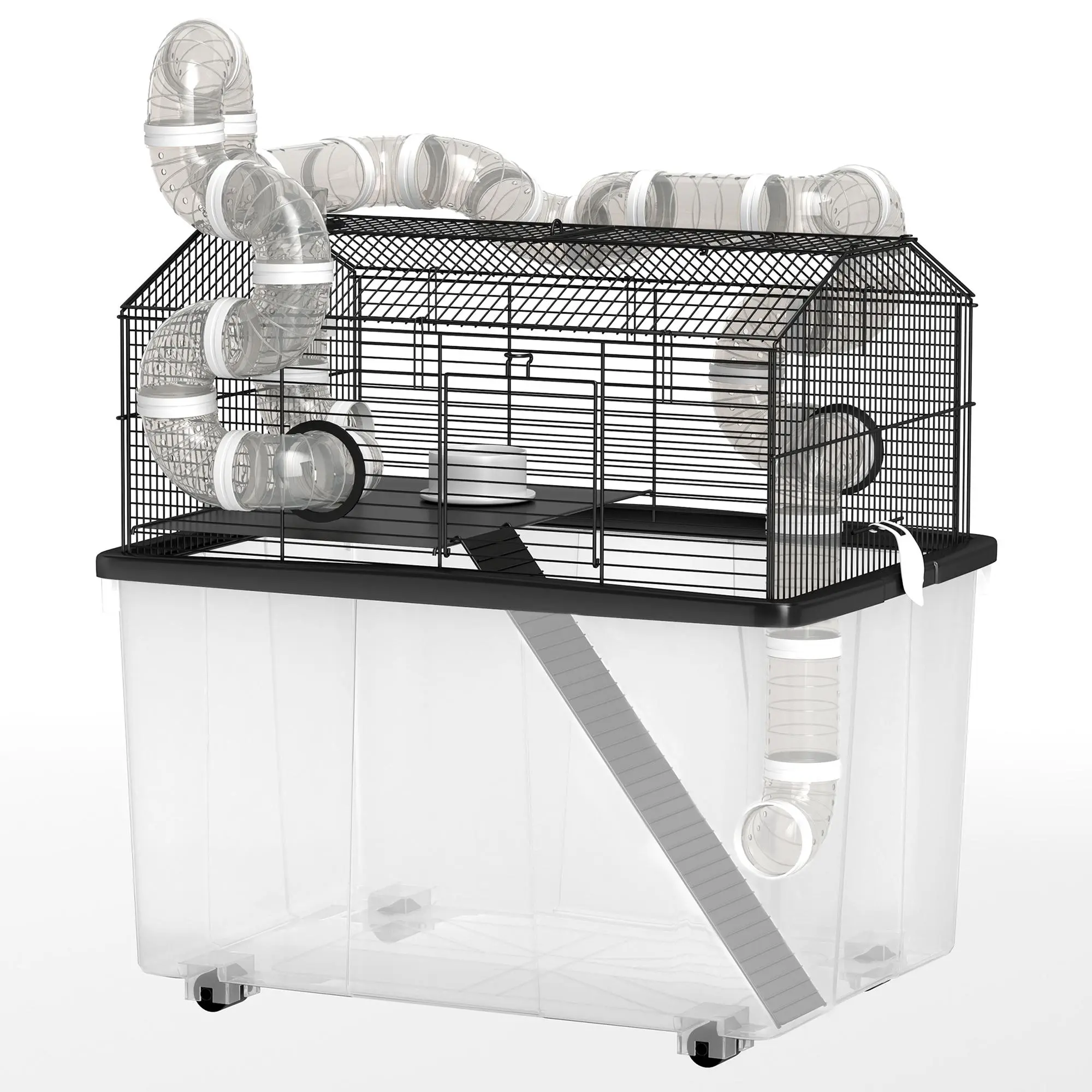 Black Hamster & Gerbil Plastic Cage - 22.8x16.9x22.4in Detachable Top Habitat, Complete Tube Accessory Kit, Universal Rolling Wheels, Dual Doors, Easy Cleaning, Spacious Indoor Playground for Hamsters & Gerbils, Complete Kit, Spacious Playground