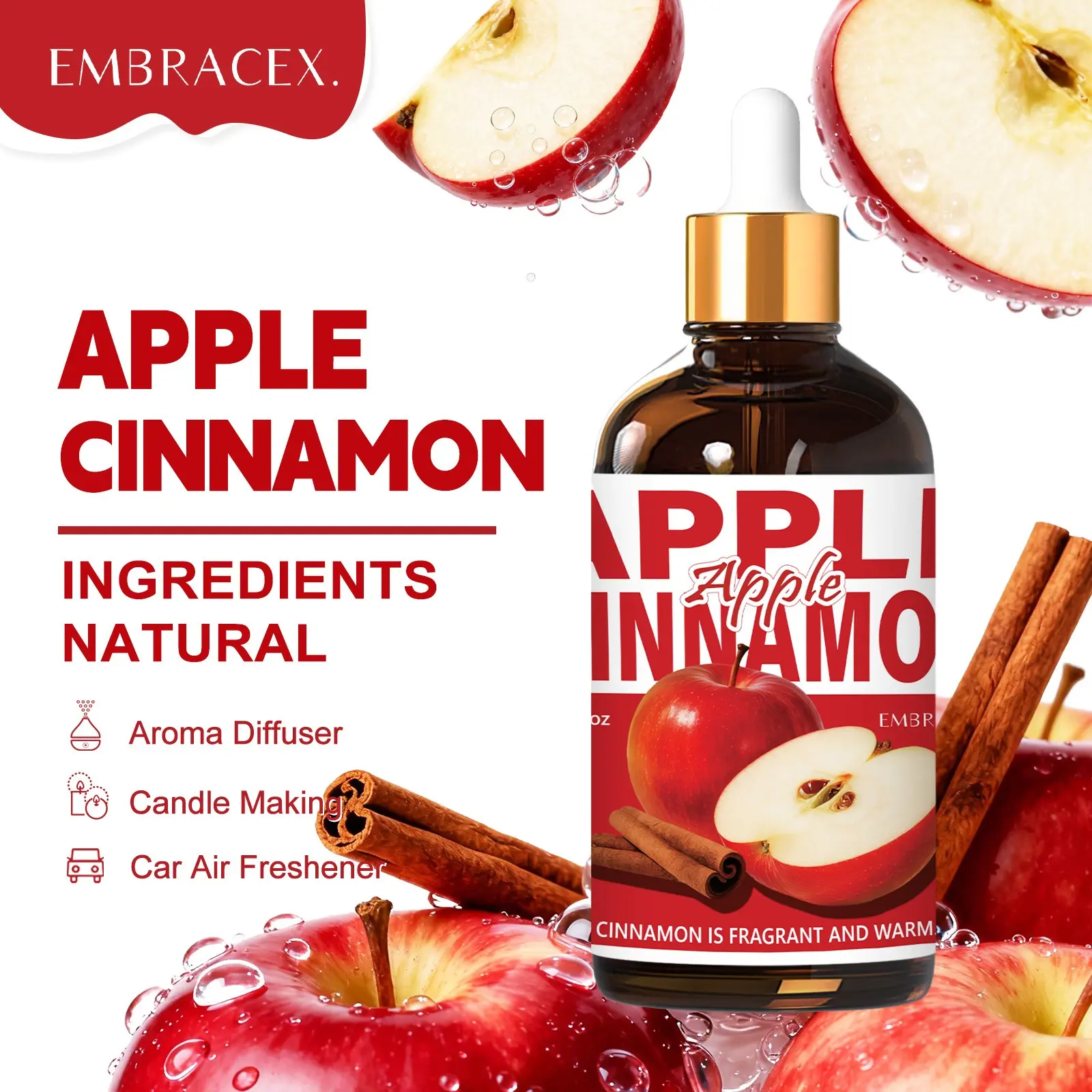 100ML Apple Cinnamon Scented Aroma Essential Oils, Food Grade Fragrance Oil, Home Fragrances, Autumn Winter Scent, Humidifier Diffuser, DIY Soap Candle Bath Car Air Freshener, Home Fragrance Products