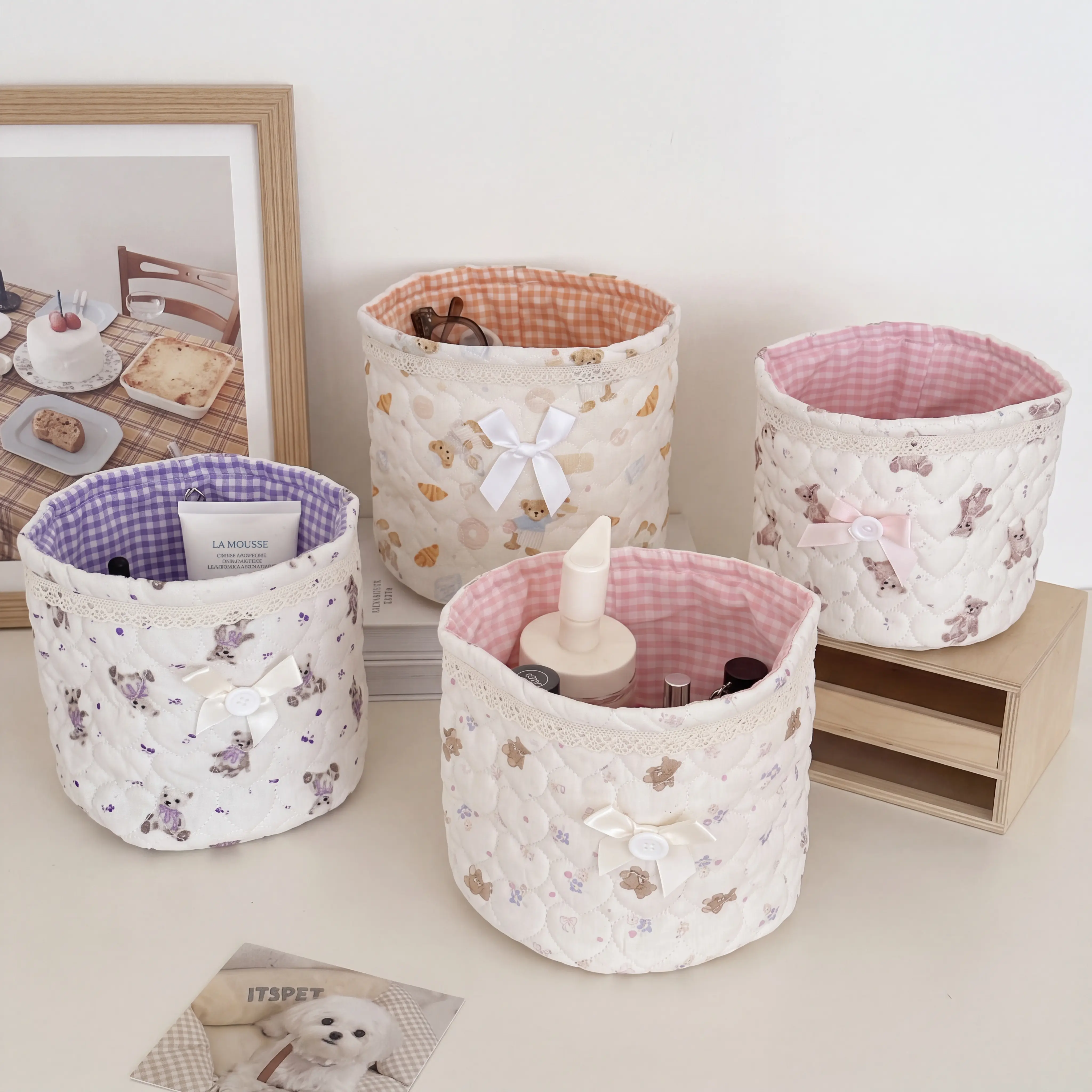 Cartoon Bear Round Quilted Decorative Storage Basket, Synthetic Fabric with Plaid Lining, Holiday Room Storage Bin - Girly Desktop Organizer That Retains Shape, Soft Yet Substantial