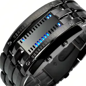 Men's Cool Binary Watch Stainless Steel LED Bracelet Watch Stylish Blue Light Sport Watch Vacuum plated black