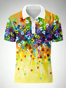 Men's Watercolor Floral Print Polo Shirt, Short Sleeve Button Front, Multicolor Gradient Design, Lightweight Breathable Summer Casual Top