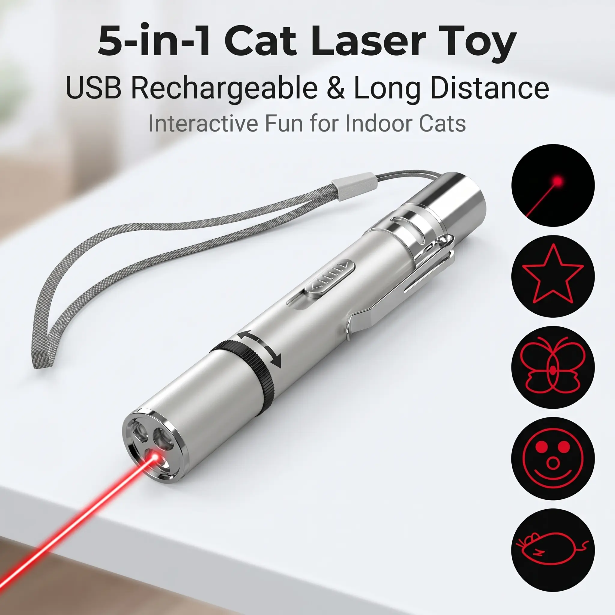 Cat Laser Pointer Toy - USB Rechargeable, 5 Light Patterns, Chasing Mode, Plain Stainless Steel Accents, Chirping Flapping Bird, Sliding Switch, 11.3x1.7cm Mini Size, Long-Range, Emergency Lighting for Indoor Cat Exercise & Training