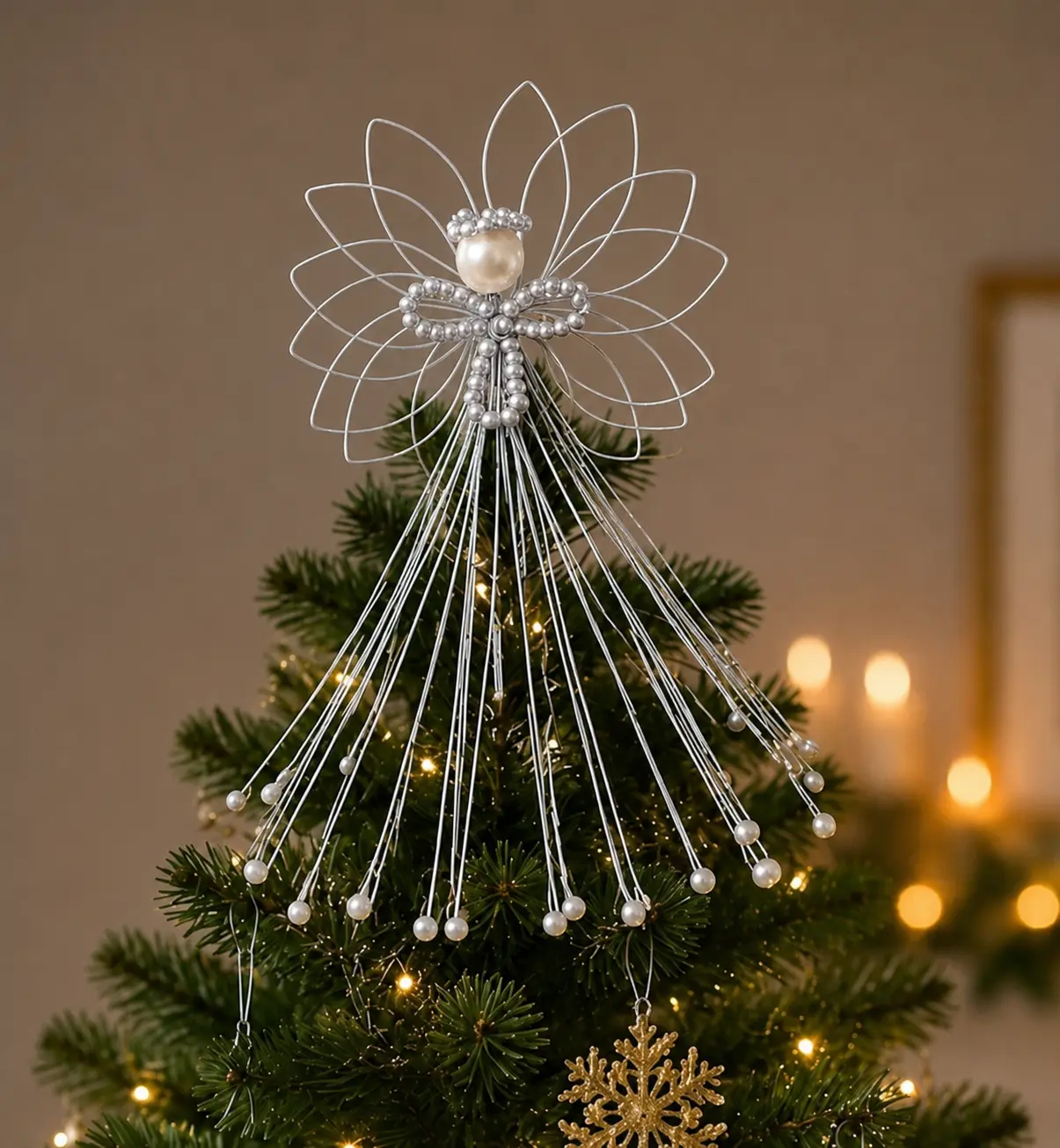 Handmade Silver Wire Angel Tree Topper with Pearls | Elegant Christmas Tree Décor