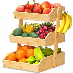 Bamboo Fruit Basket for – 3 Tier Fruit Bowl For Counter, Large Fruit Holder With 2 Banana Hangers, Idea For Fruit and Vegetable, Bread Basket, Snack Organizer(Bamboo)