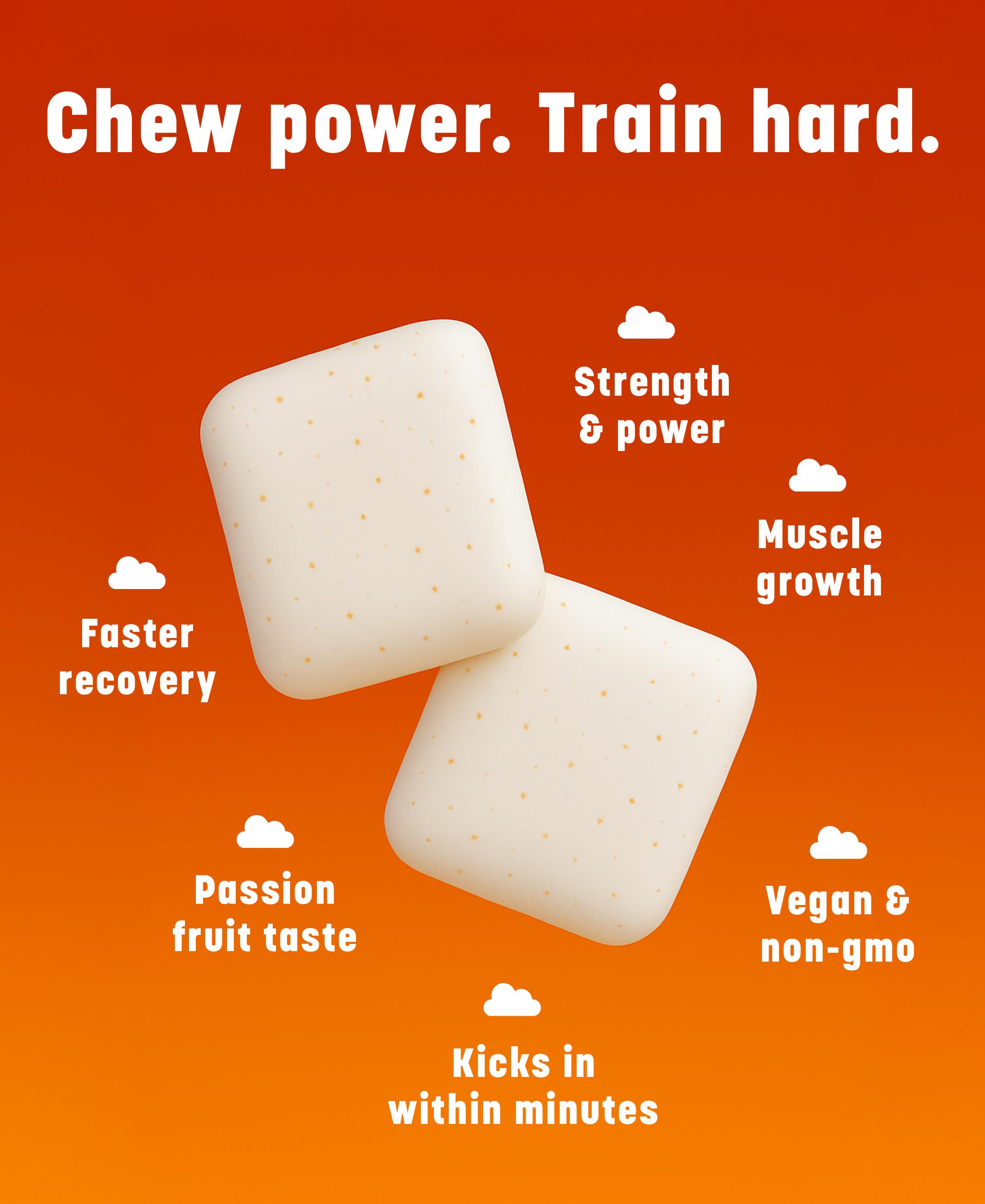 Clooudie Creatine Chewing Gum, Passionfruit Flavor, 30 Gum, Workout Power Up, Energy System & Muscle Support, Endurance & Output, Dietary Supplement, Sugar Free