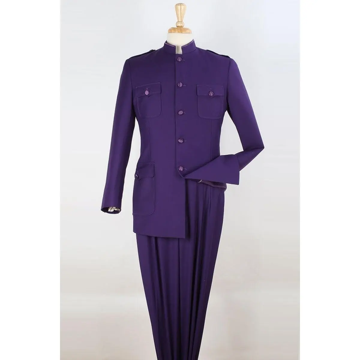 Mens Five Button Military Insired Mandarin Banded Safari Suit in Purple