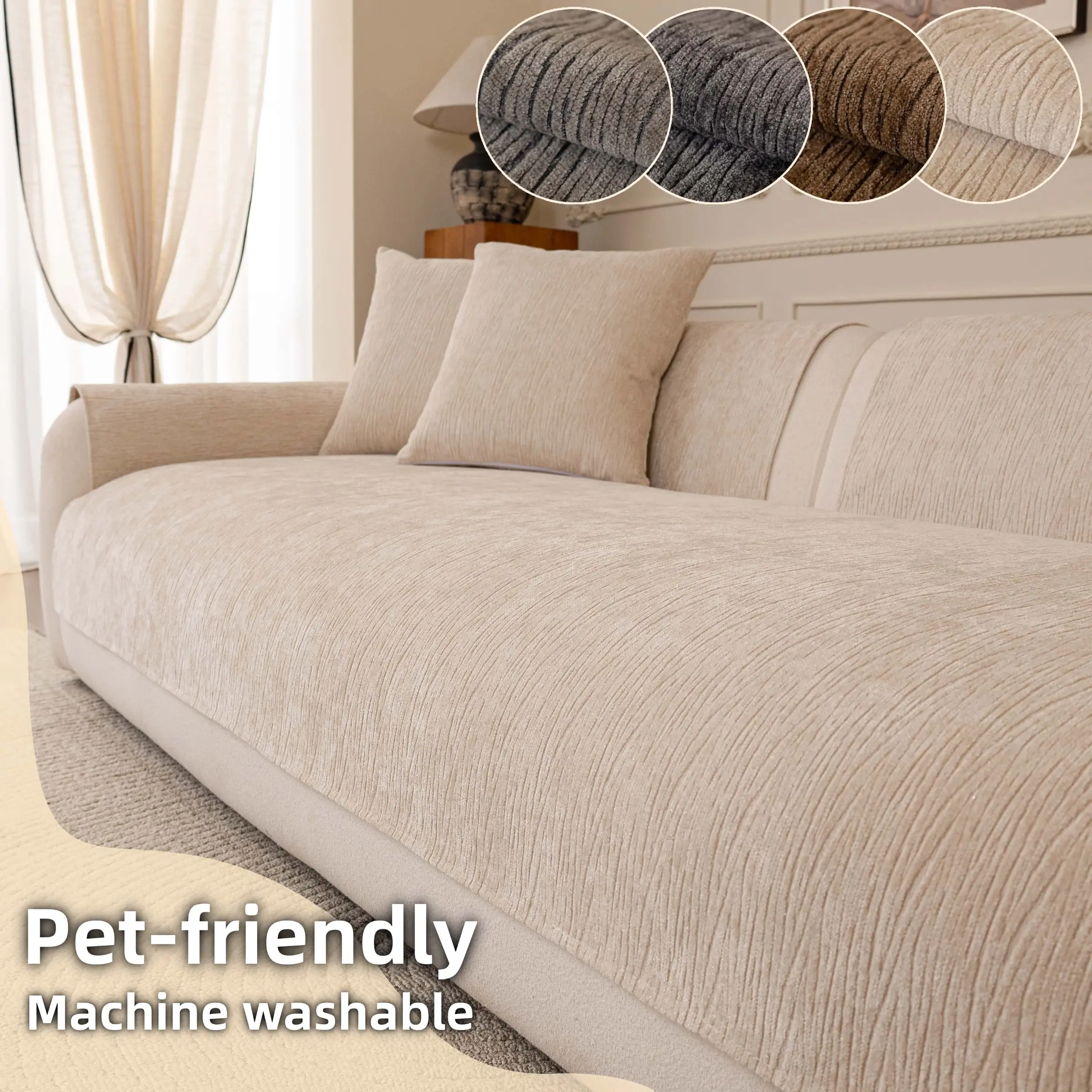 Textured Chenille Dustproof Sofa Cover, 1 Count Solid Color Pet-Friendly Couch Cover, Machine Washable Sofa Cushion Pad/Mat/Slipcover, Soft Thick All-Season Furniture Protector for Dogs & Cats, Fits Armchair, Loveseat, 2/3/4-Seater & L-Shaped Sectional