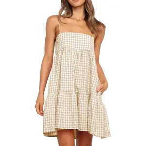 Imily Bela Essentials Womens Summer Plaid Mini Dress Casual Spaghetti Strap Sleeveless A Line Beach Sundress with Pockets