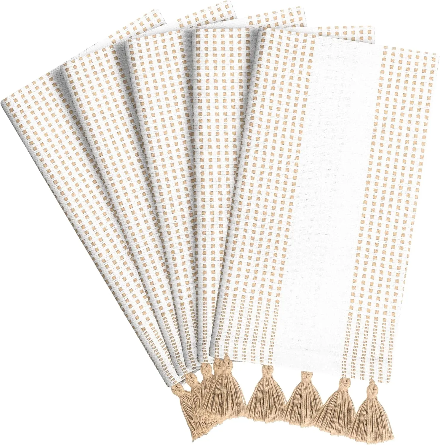 Beige Decorative Dotted Kitchen Towels 16x26 Inch, 5 Pack, Soft, 100% Cotton, Absorbent & Fast-Drying Dish Towels with Tassels, Ideal for Cleaning, Drying Dishes, and Daily Use