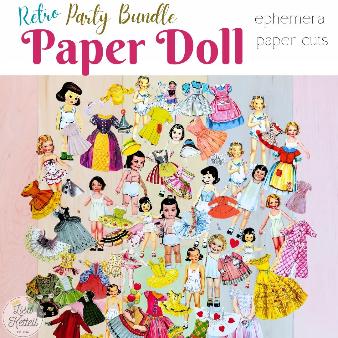 Retro Paper Doll Party Bundle, Paper Cuts, Craft Supplies, Ephemera, 65 Pieces, Lisa Kettell Designs