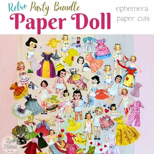 Retro Paper Doll Party Bundle, Paper Cuts, Craft Supplies, Ephemera, 65 Pieces, Lisa Kettell Designs