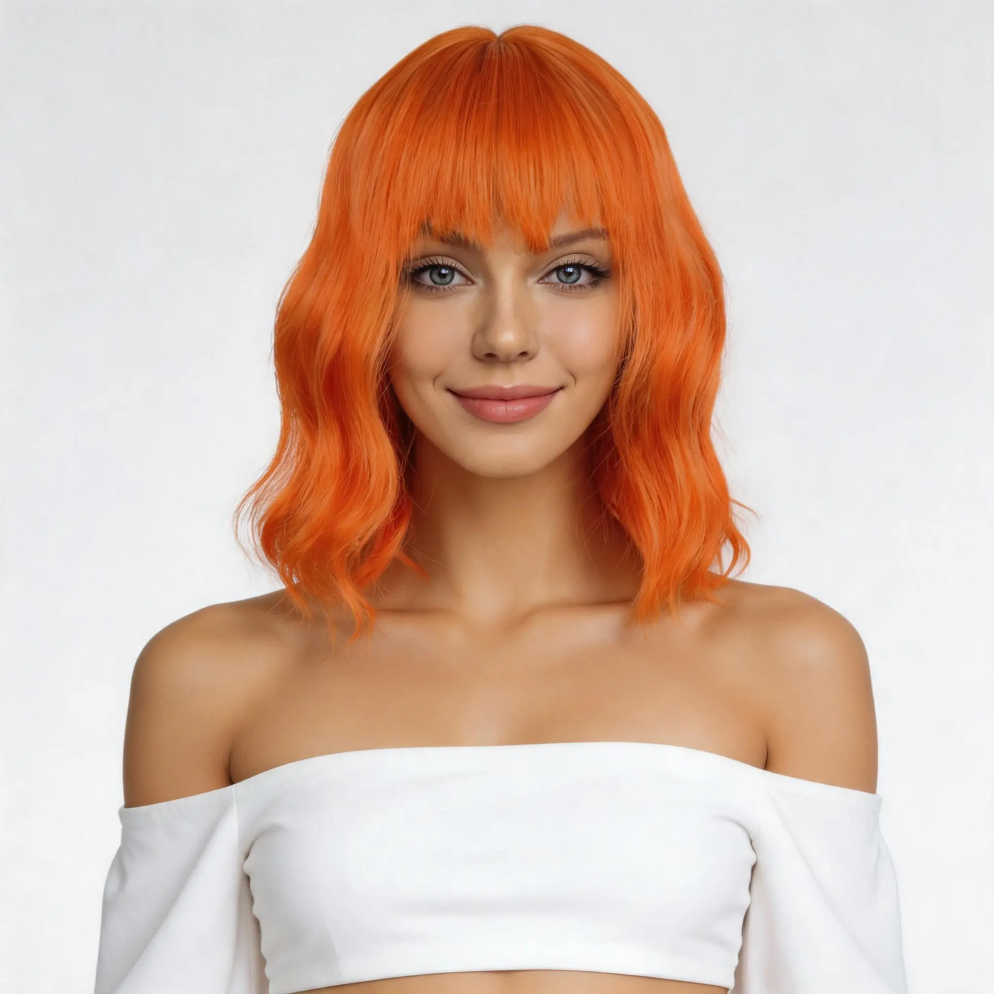 Women's 14-in Orange Synthetic Wavy Bob Wig with Bangs - Affordable, Natural-Looking Full Machine Wig, Halloween Aesthetic, Cosplay-Ready, Mild Shampoo Wash Fashion Hair Accessory