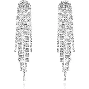 Rhinestone Earrings Dangling for Women Chandelier Statement Tassel Earrings Girls Silver Sparkly Drop Cubic Zirconia Crystal Earrings Long Dangle Costume Jewelry