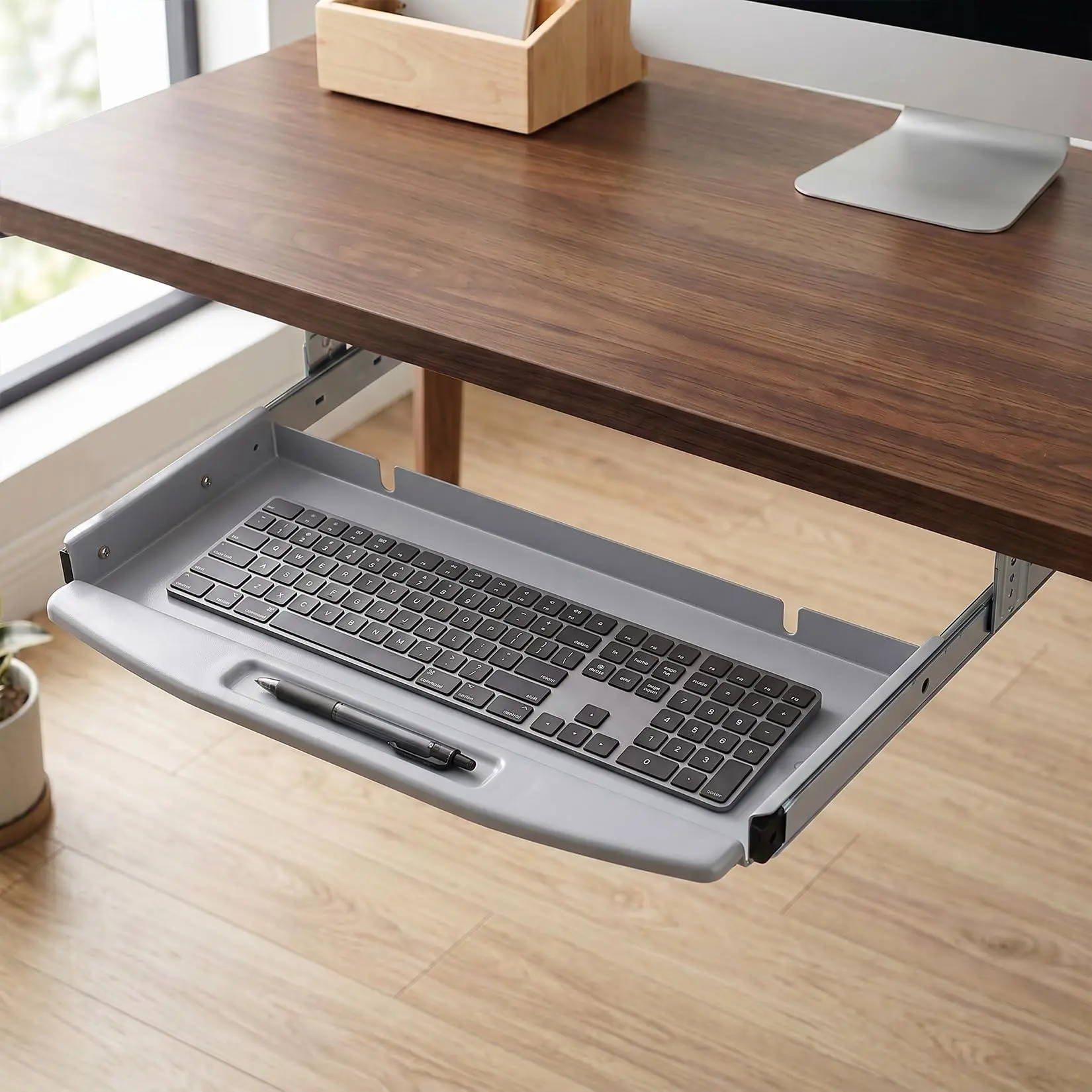 Heavy-Duty Under Desk Keyboard Tray – 19" Metal Pull-Out Drawer with Smooth Slides – Space-Saving Keyboard Holder for Office Desks Over 22" Wide, No Mouse Platform, Gray