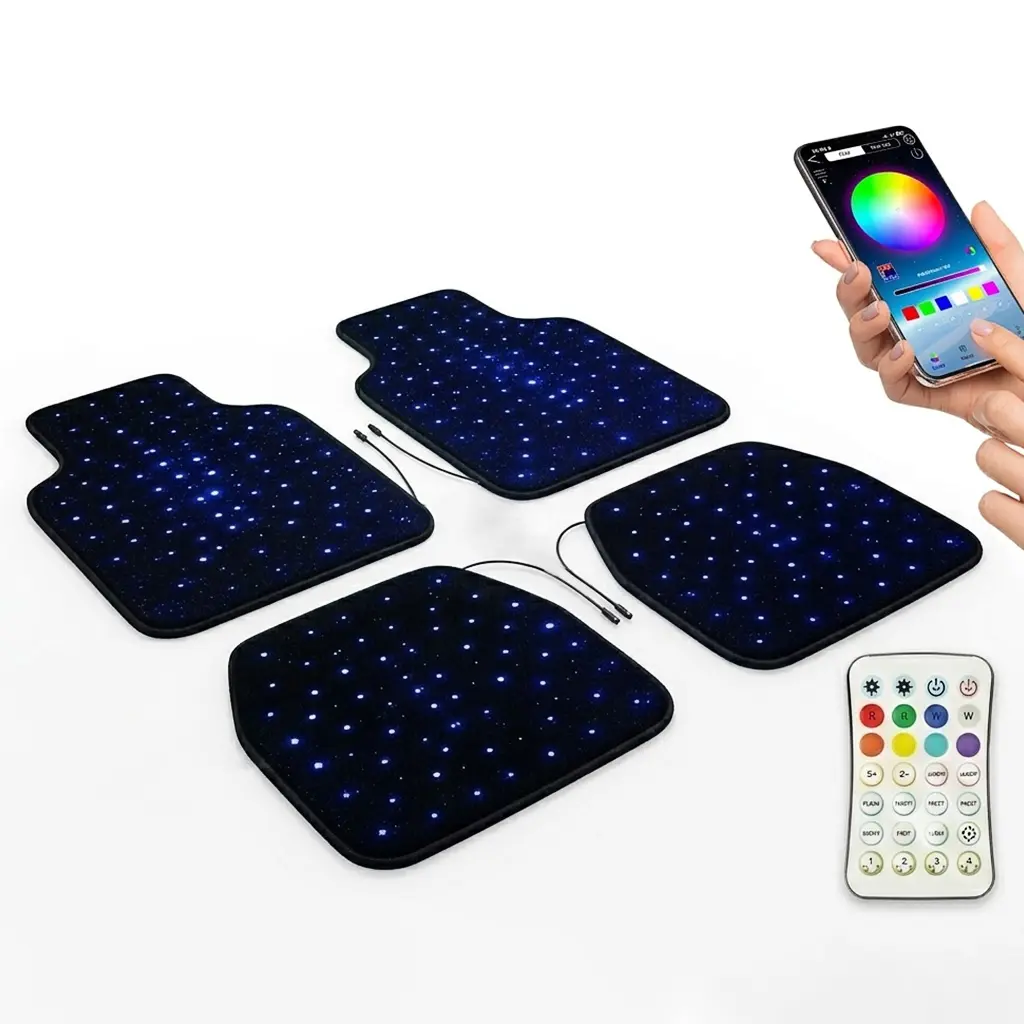 RGB LED Universal Fiber Optic Starry Sky Car Floor Mats (4-Pack Front & Rear), APP & Remote Control, Music Sync, USB/12V Powered Car Interior Atmosphere Decor Mats
