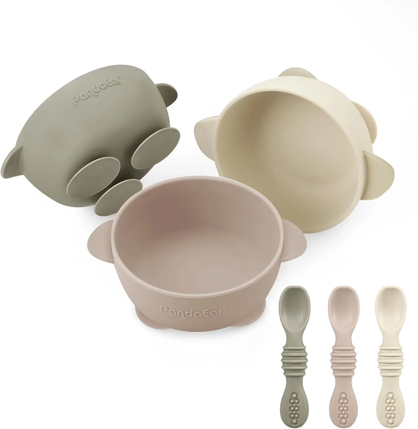 3 Pack Silicone Suction Baby Bowls & 3 Baby Feeding Spoons | Non-Slip Stay Put Bowls & Soft Silicone First Stage Spoons for Toddlers, BPA-Free Baby Led Weaning Set (Linen Brown Tan), Anti-Choking Baby Utensils