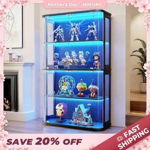 MIIFUNY Large Display Cabinet with Glass Door, 4-Tier Curio Cabinet with 3 Color Lights for Collectibles, Glass Display Case with Transparent Full-Display Surface, Human Body Sensor, Black