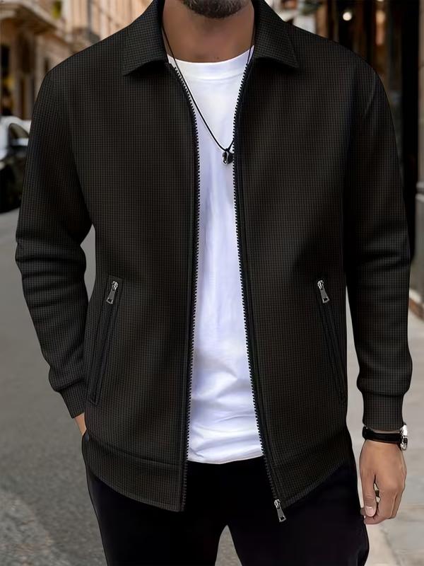 Men's Waffle Textured Jacquard Jacket, Long Sleeve Casual Zip-Up Jacket with Dual Zip Pockets, Business Casual Outerwear for Work & Everyday Wear