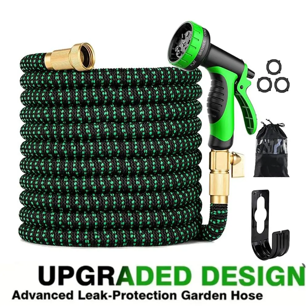 Expandable Garden Hose 100FT, Heavy-Duty Kink-Free Woven Fabric with Latex Inner Tube, Lightweight Retractable Design with 10 Spray Nozzles and Solid Brass Fittings, Faucet Compatible for 1/2" & 3/4" Threads