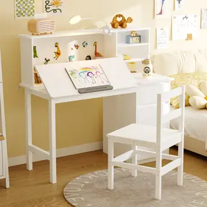 FUFU&GAGA  Kids Desk and Chair Set with Tiltable Desktop, 43.3" Children Study Desk with Hutch & Storage Cabinet for Boys Girls