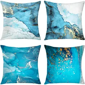 Abstract marble-patterned gold and silver decorative pillowcase Indigo white gold blue ice ink dot soft velvet pillowcase Turquoise sofa pillowcase 18 inches * 18 inches 4-piece set