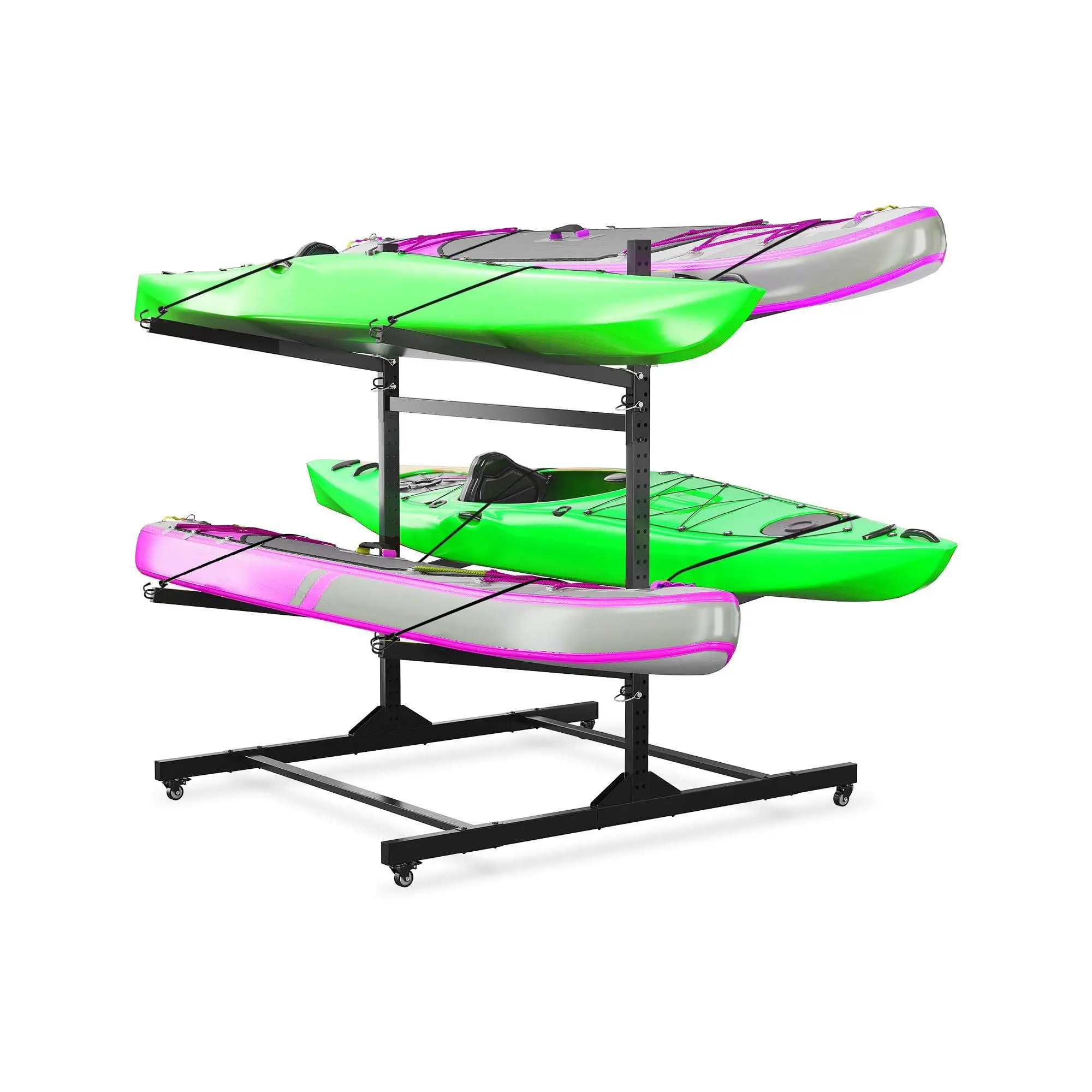 Kayak Storage Rack for 4 Kayaks Freestanding Kayak Rack for Outdoor Storage with Movable Wheels, Heavy-Duty Steel Kayak Hanger Holder with Hanging Straps
