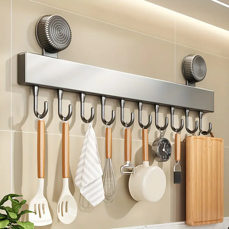 Wall-Mounted Suction Cup Hook Storage Rack Organiser - Space-Saving Kitchen Utensil Holder with 8,10,or 12 Hooks - Cream White,Gun Gray - for Spatulas,Spoons,Bathroom Use