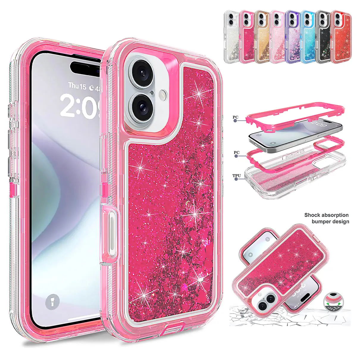 For iPhone 16 15 14 13 12 11 Pro Max Liquid Glitter Shockproof Phone Case,Colorful Quicksand TPU Bling Diamond Flowing Liquid Floating Sparkly Hybrid