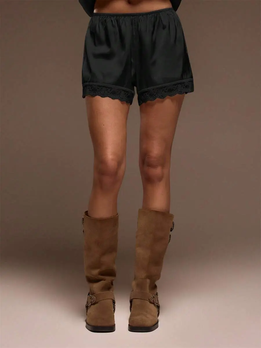 Satin Pull On Lace Trim Shorts Cute Summer Vacation Boho Summer Cute Pants Spring Holiday Casual Elegant
