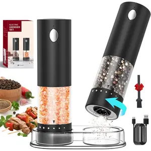 Electric Salt and Pepper  Set Rechargeable Salt and Pepper Mills with 6-Level External Adjustable Coarseness, White LED Light and Storage Base, Black