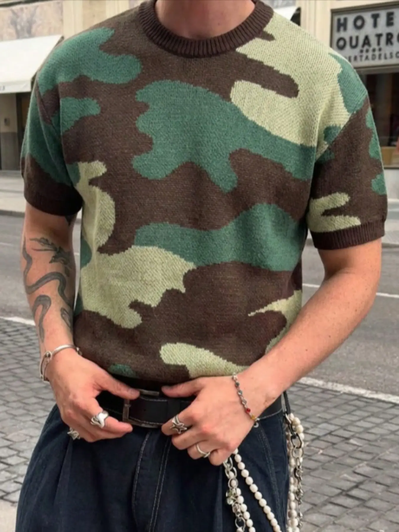 Spring Summer Camouflage Patchwork Knitted Top, Casual Loose Fit Short Sleeve Sweater, Comfortable Street Style for Daily Wear Knitwear