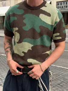 Spring Summer Camouflage Patchwork Knitted Top, Casual Loose Fit Short Sleeve Sweater, Comfortable Street Style for Daily Wear Knitwear
