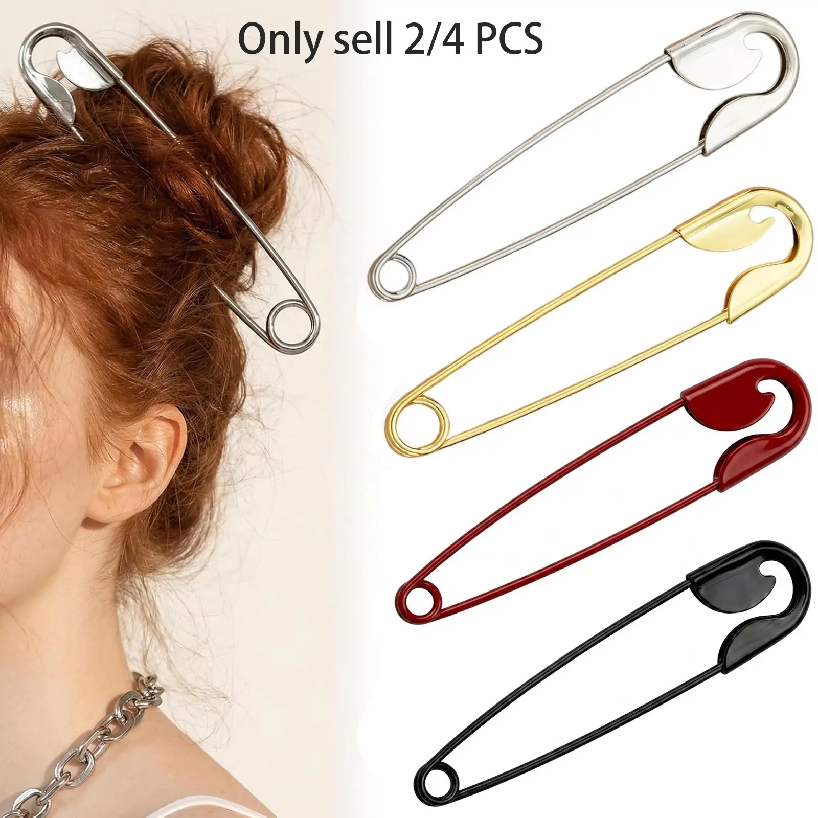 2/4 PCS Metal French Hair Pin for Women, Safety Pin Hair Clip Set for Styling, Giant Pin Shape Design, Vintage Hair Styling Clips for Buns & Updos, Elegant Hair Accessories for Women, for Styling, Personality & Durable Hair Pins, Hairpins