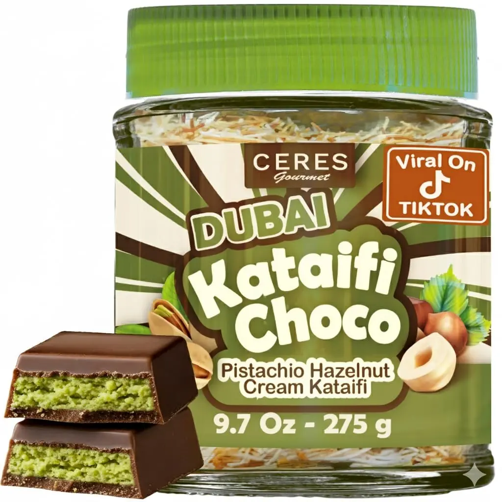 SALE - SALE - Ceres Gourmet Dubai Spreadable Chocolate– Pistachio Spread with Roasted Phyllo Kataifi, Gourmet Breakfast Choco, Crunchy Dubai Filling (9.7 Oz)