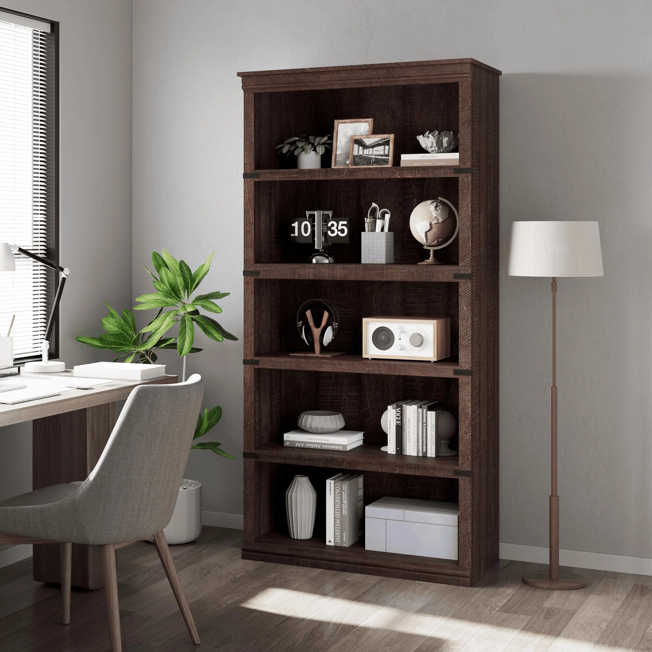Garvee 67.4" Tall Slim 5-Shelf Particle Board Multi Layer Bookshelf - Classic Country Farmhouse Style Floor Standing Book Organization Rack, Wide Storage, Anti-Tip Kit, Tool-Free Assembly, Washable, Home Library Solution, Antique White, Assembly Required